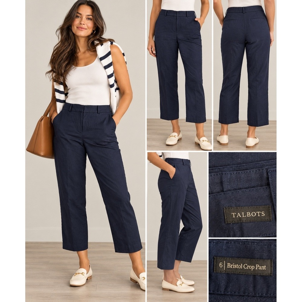Talbots Bristol Crop Pant Navy Blue Linen Blend Straight Leg Trousers Size 6